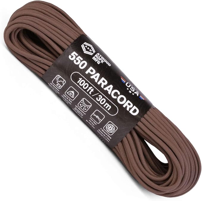 Atwood Rope MFG 550 Paracord 100 Feet 7-Strand Core Nylon Parachute Cord Outside Survival Gear Made in USA | Lanyards, Bracelets, Handle Wraps, Keychain (Brown)