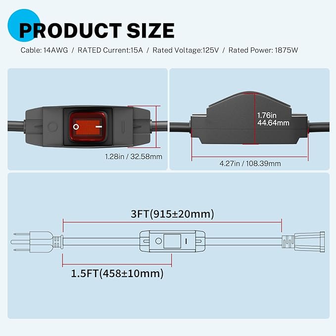 FIRMERST 1875W Outdoor Extension Cord with Switch Waterproof Black 3 Feet