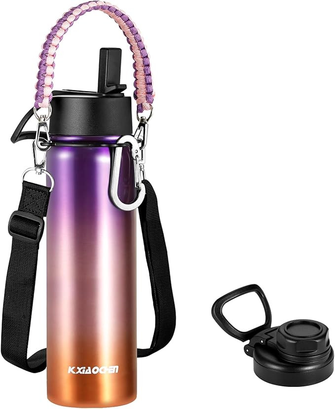 KXIAOCHEN Insulated Water Bottle, Stainless Steel Water Bottle, 2 Lids (Straw and Handle Lid),Wide Mouth Metal Water Bottles Keep Hot and Cold, Double Walled, Thermo Mug, Metal Canteen