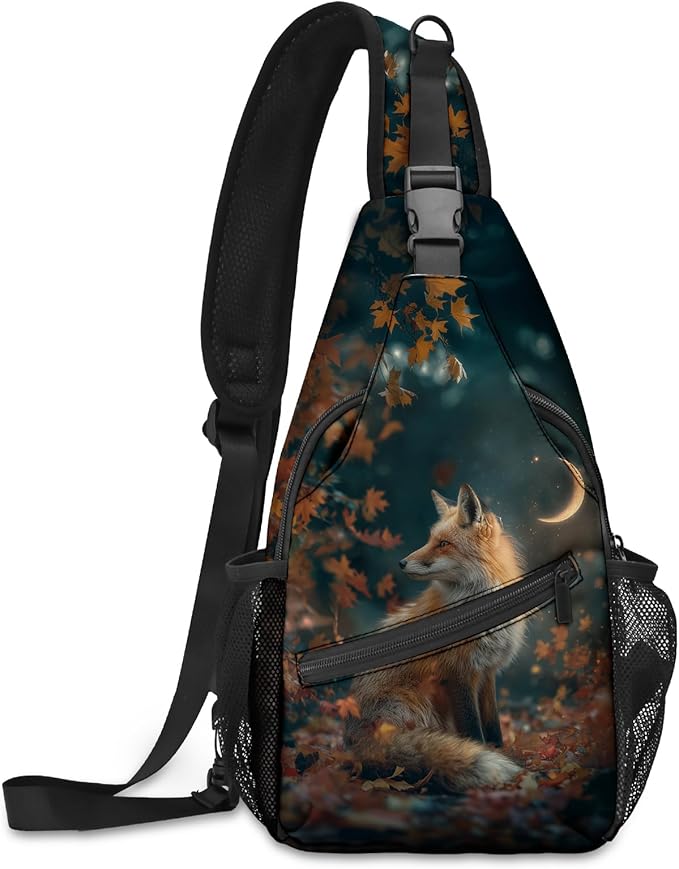 FyLybois Fox Print Sling Bag for Women Lightweight Crossbody Backpack Casual Daypack with Adjustable Strap for Travel Work Hiking Everyday Use