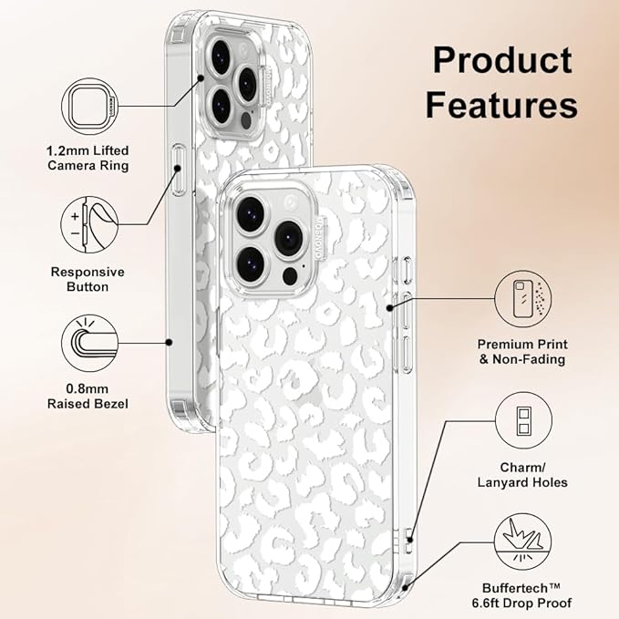 MOSNOVO Case for iPhone 13 Pro, [Buffertech 6.6ft Military-Grade Drop Protection] [Anti Peel Off Tech] Clear TPU Bumper Phone Case Cover Design - White Leopard Print