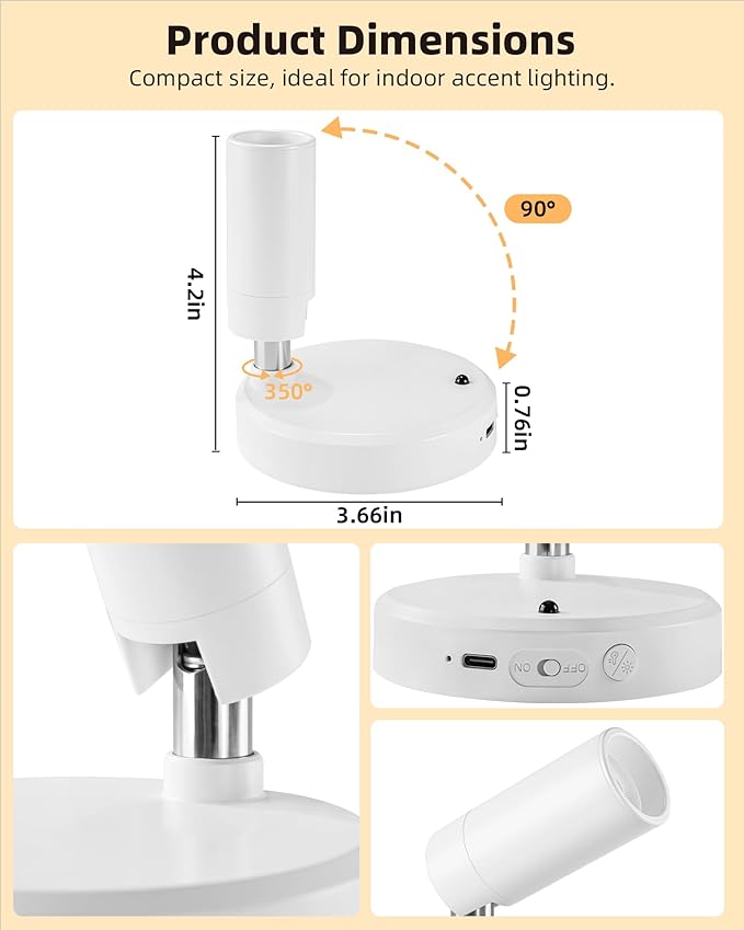 EZVALO Spot Lights Indoor, 5500mAh Rechargeable Picture Lights with Remote, Wireless Mini Art Accent Spotlights with Timer & Dimmable, 3-CCT, Uplights Indoor for Plants, Display (2-Pack-White)