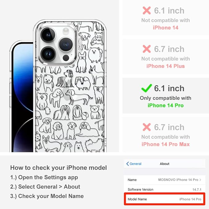MOSNOVO Case for iPhone 14 Pro, [Buffertech 6.6ft Military-Grade Drop Protection] [Anti Peel Off Tech] Clear TPU Bumper Phone Case Cover Design - Doodle Dog