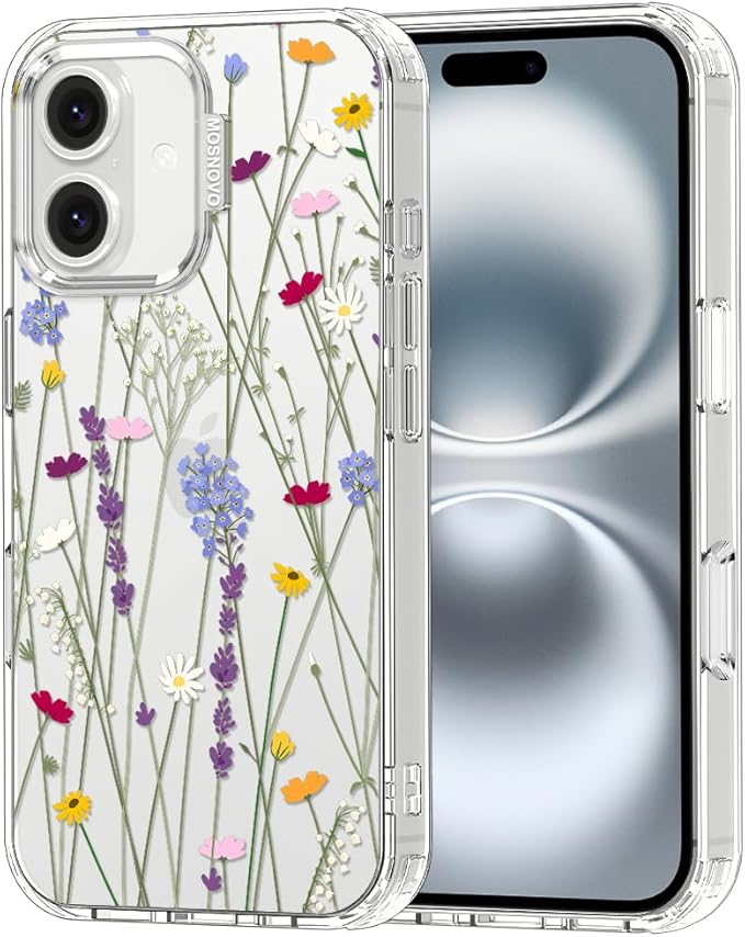 MOSNOVO Case for iPhone 16 Plus, [Buffertech 6.6ft Military-Grade Drop Protection] [Anti Peel Off Tech] Clear TPU Bumper Phone Case Cover Design - Floral Garden