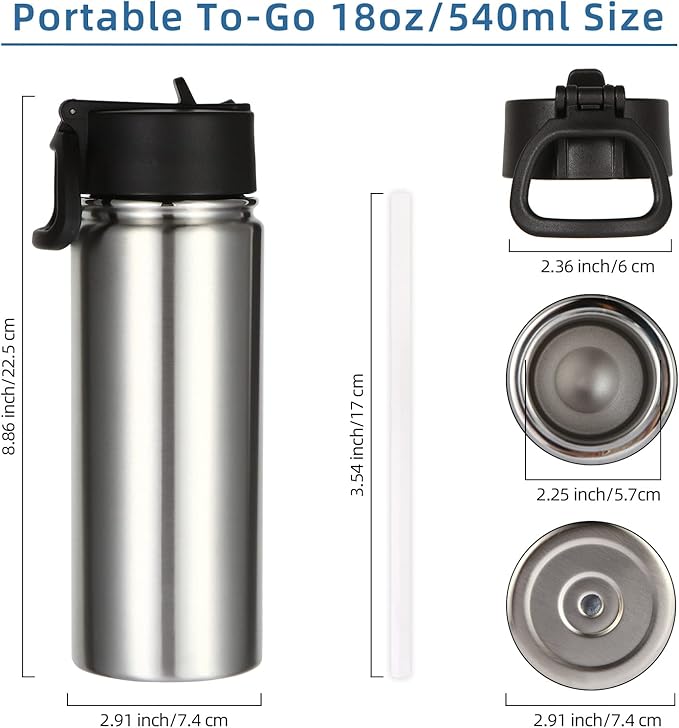 Volhoply 18oz Insulated Water Bottle Bulk 8 Pack,Kids Stainless Steel Water Bottles with Straw,Reusable Metal Water Bottle,Double Wall Vacuum Sports Water Flask For Cold Drink(Silver,8 Set)