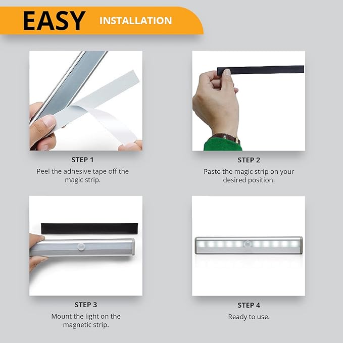 PeakPlus LED Motion Sensor Light, LED Battery Operated Lights, Under Cabinet Lighting, Stick On Lights, 10-LED Magnetic Wireless Motion Sensor Night Light for Closet, Counter, Stairway (4 Pack)