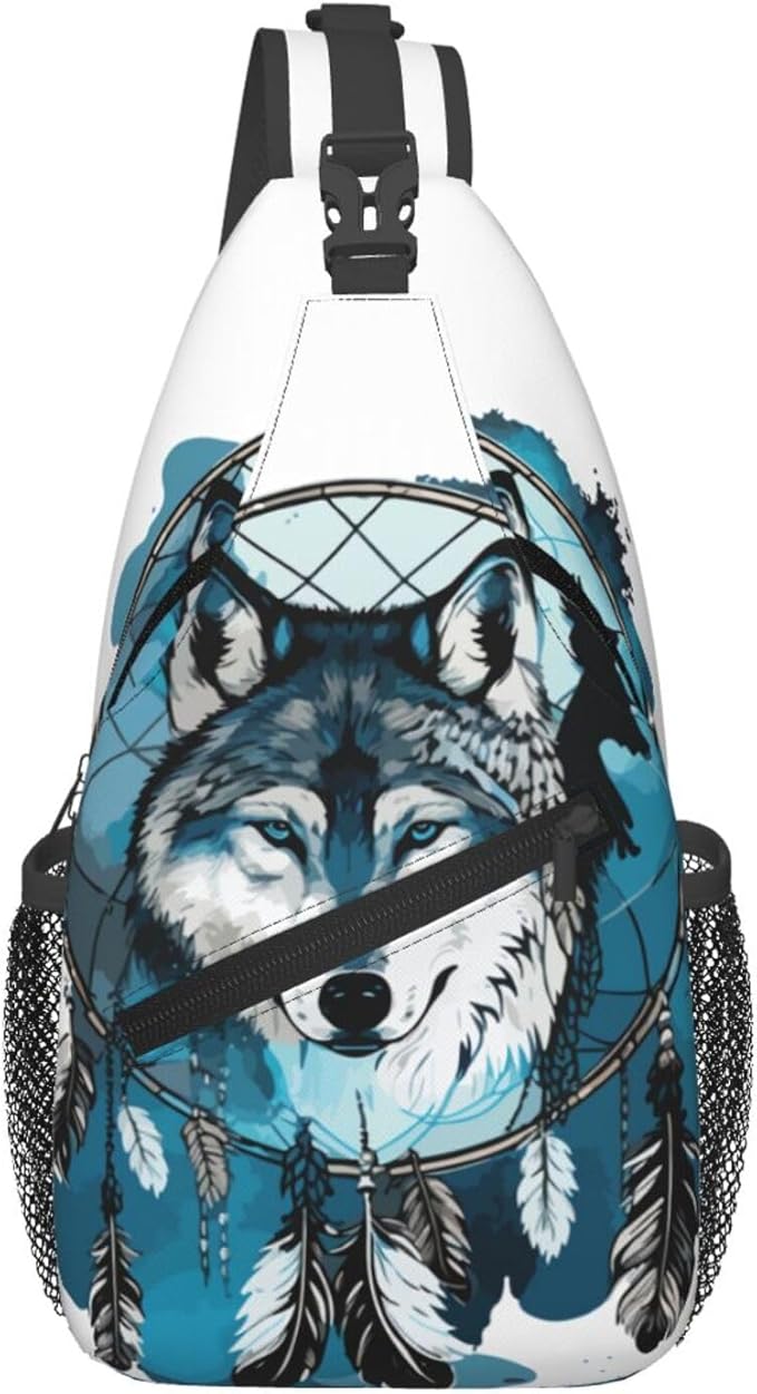 Native Wolf And Deam Catcher Sling Bag For Women Men Fashion Wolf Print Backpack Crossbody Shoulder Bag Sling Backpack Chest Bag Travel Hiking Casual Sport Daypack