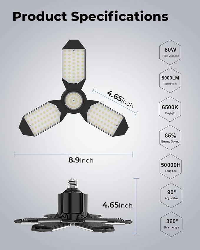 toberich LED Garage Light Bulbs 4 Pack, 8000LM Shop Lights with 3+1 Deformable Panels, 6500K Screw in Ceiling Lights Bay Lighting for Garage, Workshop, Workbench, Basement