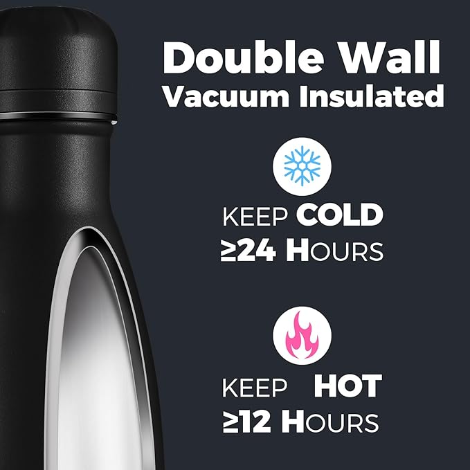 Volhoply 17oz Insulated Water Bottles MultiPack, BPA Free Water Bottle for Kids, Gym, Travel, Sports, Available in Packs of 1, 4, or 8（Black,4 Pack）