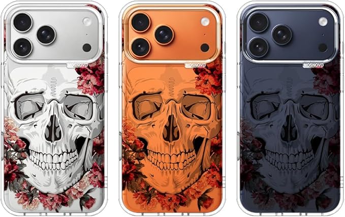 MOSNOVO for iPhone 17 Pro Max Case | Military Grade 6.6ft Drop Tested | Camera Control | Clear with Red Flower Skull Design