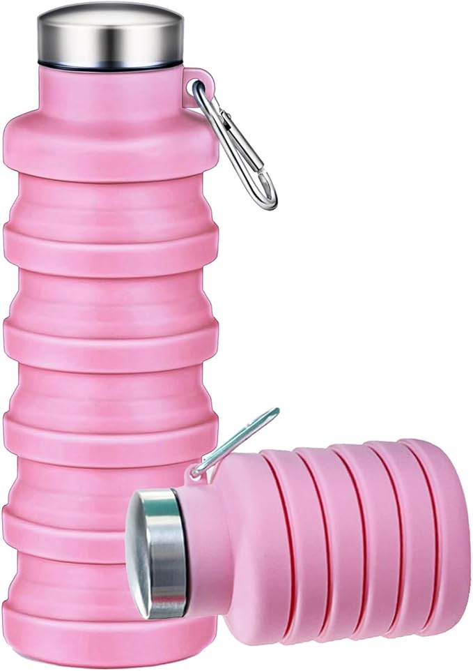 Collapsible Water Bottles,16oz Capacity Portable Reusable Silicone Water Bottle,Leak-proof,with buckle,foldable storage,Lightweight Durable for Fitness,Cycling,Sports,Camping,Hiking (Pink)