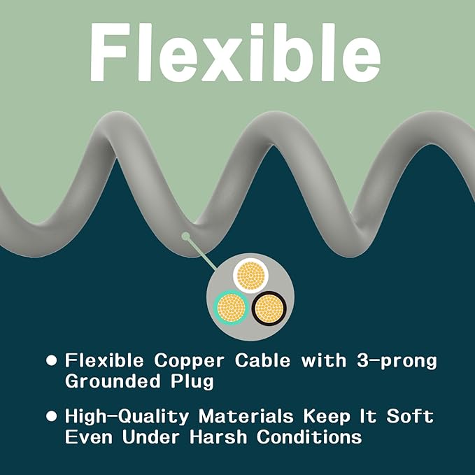 Indoor Outdoor Extension Cord 6 FT, 16/3 SJTW Weatherproof Grey Electrical Cords, 13 AMP Heavy Duty 3 Prong Power Cable Great for Garden, Landscaping & Holiday Decorations
