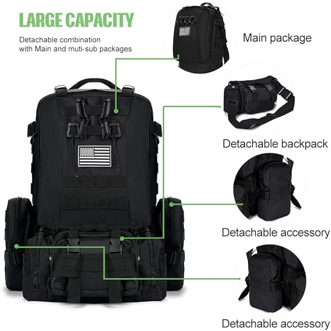 Large Military Tactical Backpack for Men, 40-50L Backpacks for Women, Bug out Bag Army 3 Days Assault Pack Bags Rucksack with Molle System Black