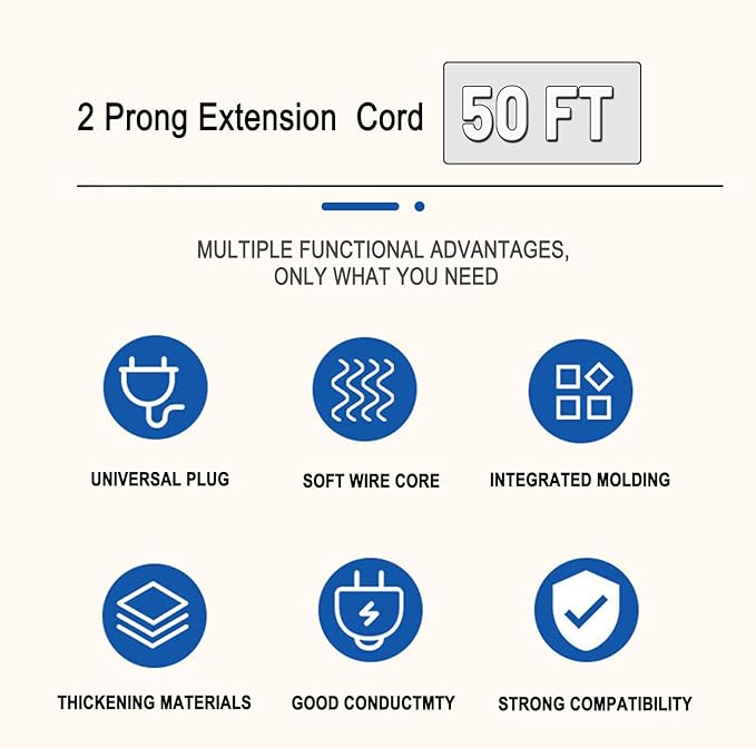 50 ft Extension Cord,2 Prong Indoor Power Cord,18AWG SPT-2 Flat Cord Design for Home, Garden, Workshop,Light Duty White 50 Foot Extension Cable