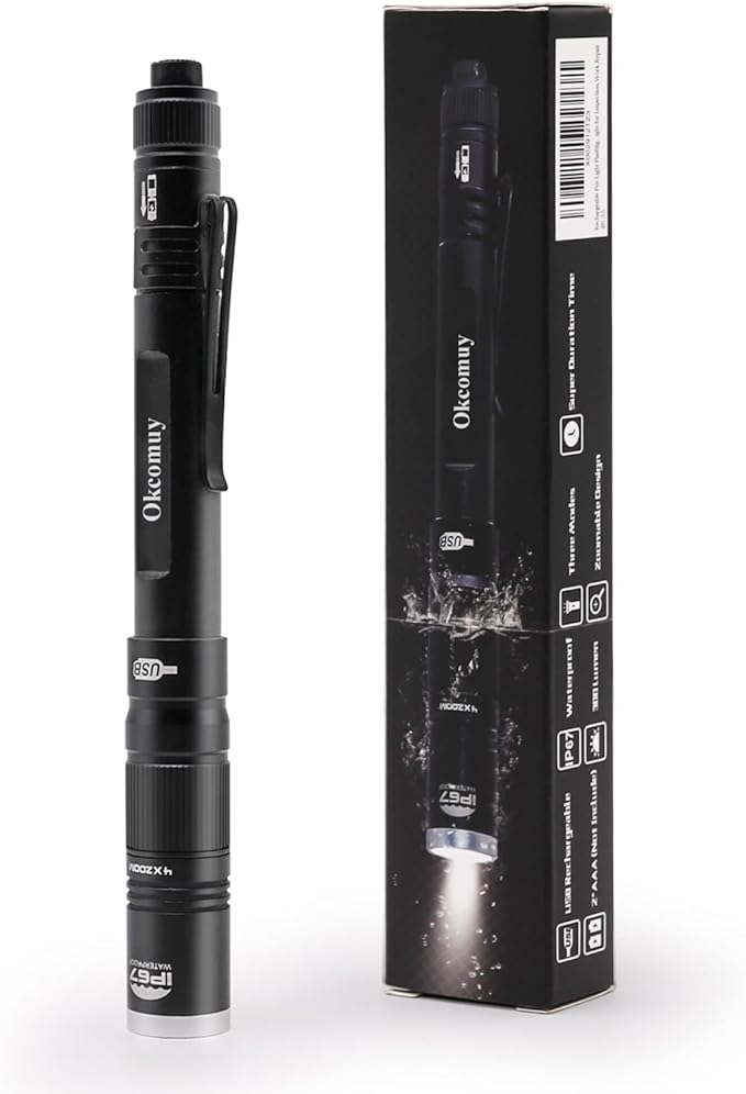 okcomuy Rechargeable LED Pen Light Flashlight,300 Lumens IP67 Waterproof with Pocket Clip 4-Zoomable| 3 Modes, Prefect Pocket Small Flashlight for Inspection,Work,Repair,Camping