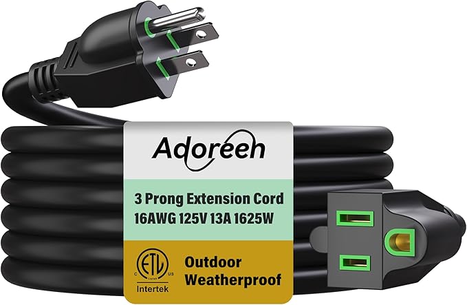 Adoreen Outdoor Power Extension Cord 30 Ft, 3 Prong 16 AWG Grounded Wire Heavy Duty Weatherproof Electric Cable for Indoor Christmas Light Lamp, 13A 125V 1625W, SJTW-ETL- Black with Green