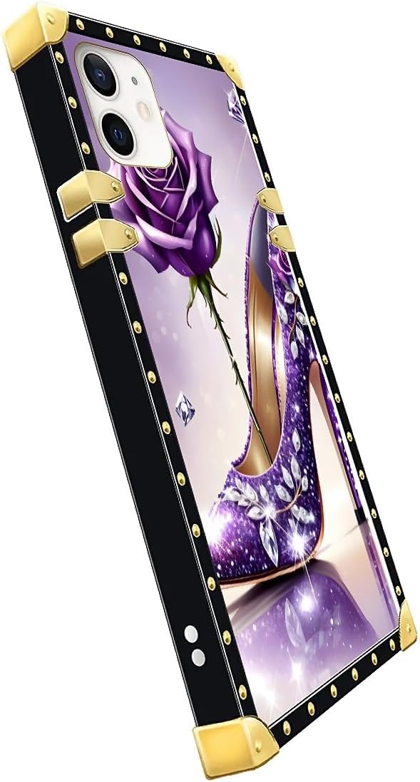 Compatible with iPhone 11 Case, High Heeled Purple Diamond Rose Luxury Golden Decoration for Girl Women Soft TPU Shockproof Protective Hard PC Back for iPhone 11