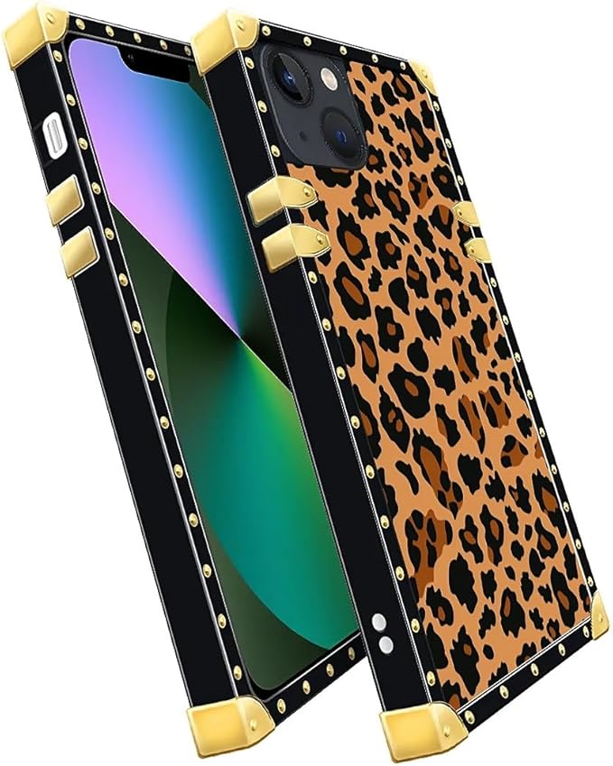 Compatible with iPhone 13 Case, Brown Leopard Texture Luxury Golden Decoration for Girl Women Soft TPU Shockproof Protective Hard PC Back for iPhone 13