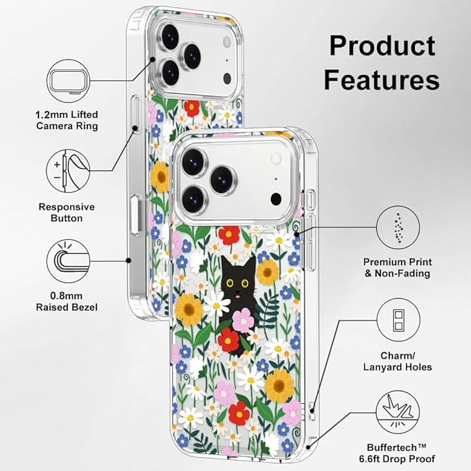 MOSNOVO for iPhone 17 Pro Max Case | Military Grade 6.6ft Drop Tested | Camera Control | Clear with Black Cat in Garden Design