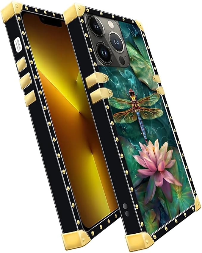Compatible with iPhone 13 Pro Case, Colourful Dragonfly Pink Lily Pads Luxury Golden Decoration for Girl Women Soft TPU Shockproof Protective Hard PC Back for iPhone 13 Pro