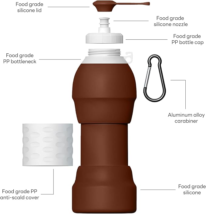 Collapsible Lightweight 20oz Water Bottle, Food-Grade Silicone BPA Free, Foldable Portable Leak Proof Office Travel Cycling Sports Outdoor Water Bottle with Vertical Hook (brown, long nozzle)