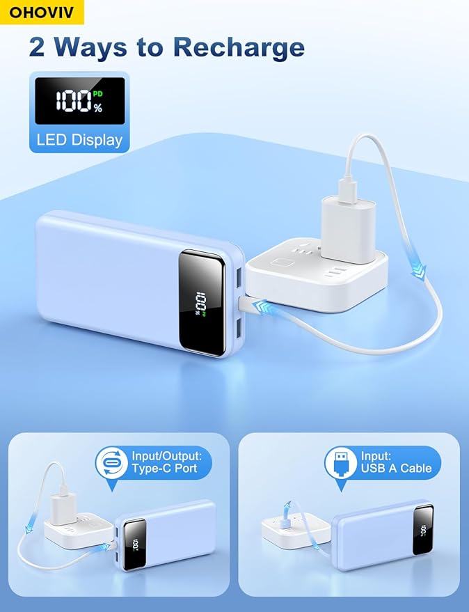 OHOVIV Portable Charger Power Bank 50000mAh Battery Pack, 22.5W Fast Charging PowerBank with Built in Cables,Travel Essential USB-C Portable Phone Charger for iPhone Samsung Pixel Android iPad-Blue