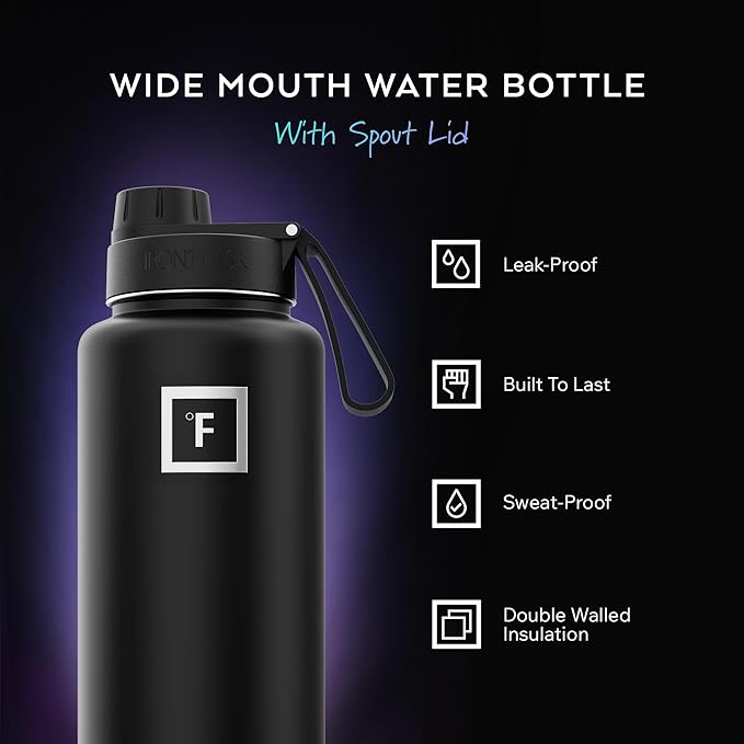 IRON °FLASK Camping & Hiking Hydration Flask with Spout, Wide Mouth Insulated Stainless Steel Sports Water Bottle - Dark Night 32 oz - Spout (1 Lid)
