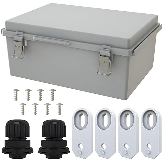 MAKERELE Grey Electrical Junction Box for Outdoor Waterproofing,Outsourced IP67 ABS Plastic, Including Mounting Plate,Wall Bracket,Hinged Cover, and 3/4" NPT*2(13.8"×9.8"×5.9")