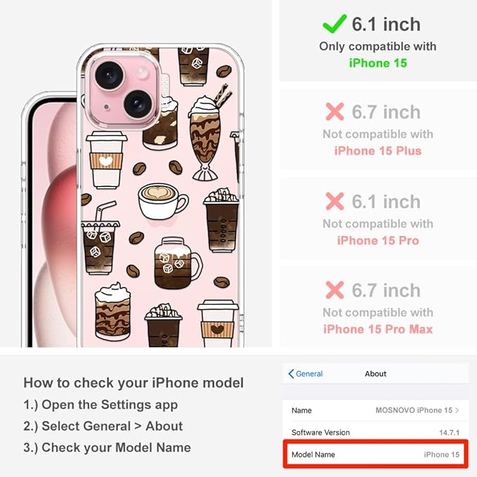 MOSNOVO Case for iPhone 15, [Buffertech 6.6ft Military-Grade Drop Protection] [Anti Peel Off Tech] Clear TPU Bumper Phone Case Cover Design - Coffee