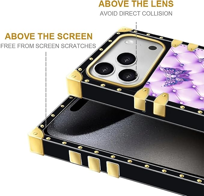 for iPhone 17 Pro Case Luxury Golden Decoration for Girl Women Soft TPU Shockproof Protective Hard PC Back for iPhone 17 Pro Crazy Pattern Purple Butterfly Flowers Leaf