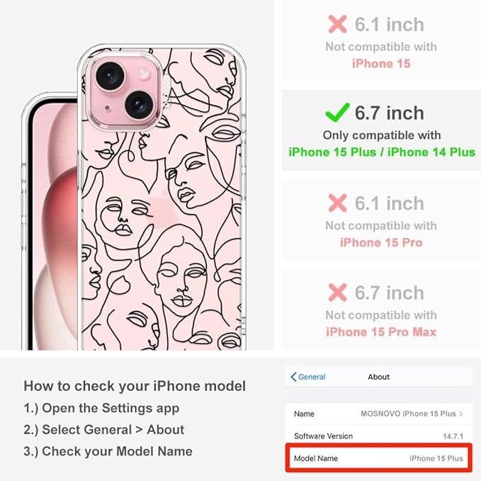 MOSNOVO Case for iPhone 15 Plus/iPhone 14 Plus, [Buffertech 6.6ft Military-Grade Drop Protection] [Anti Peel Off Tech] Clear TPU Bumper Phone Case Cover Design - Abstract Face Line Art