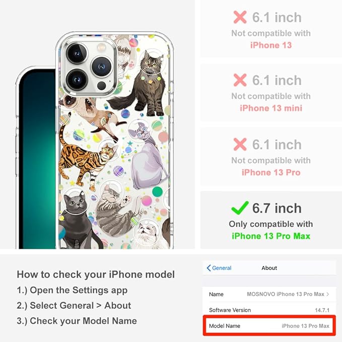 MOSNOVO Case for iPhone 13 Pro Max, [Buffertech 6.6ft Military-Grade Drop Protection] [Anti Peel Off Tech] Clear TPU Bumper Phone Case Cover Design - Space Cat