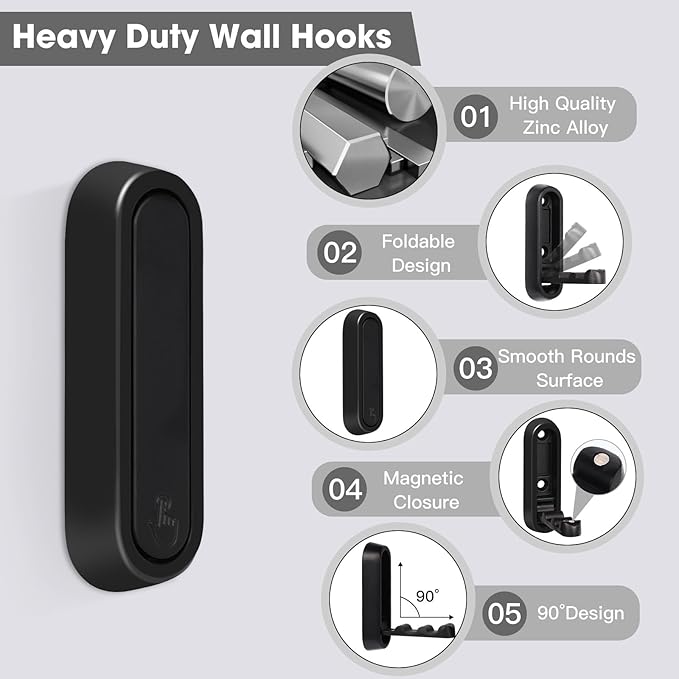 Dntorx Folding Wall Hooks, 2 Pcs Foldable Black Coat Hooks Heavy Duty Foldable Hook Bathroom Towel Hooks Robe Hooks Wall Mounted for Hanging Coat Towels Clothes Hat Bags Keys