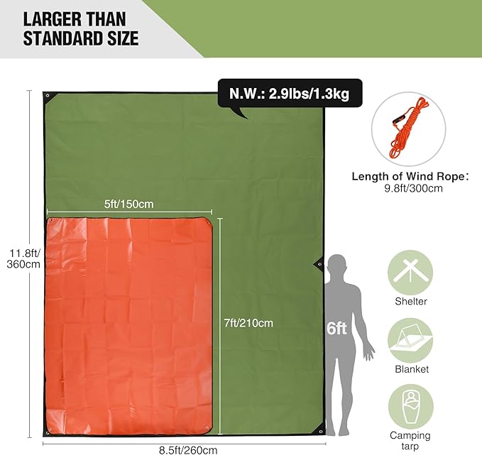 RedSwing 2-Pack Heavy Duty Survival Blanket, Waterproof Emergency Thermal Tarp, Multipurpose Reflective Insulated All Weather Blankets for Camping Hiking, Green,11.8 x 8.5 ft