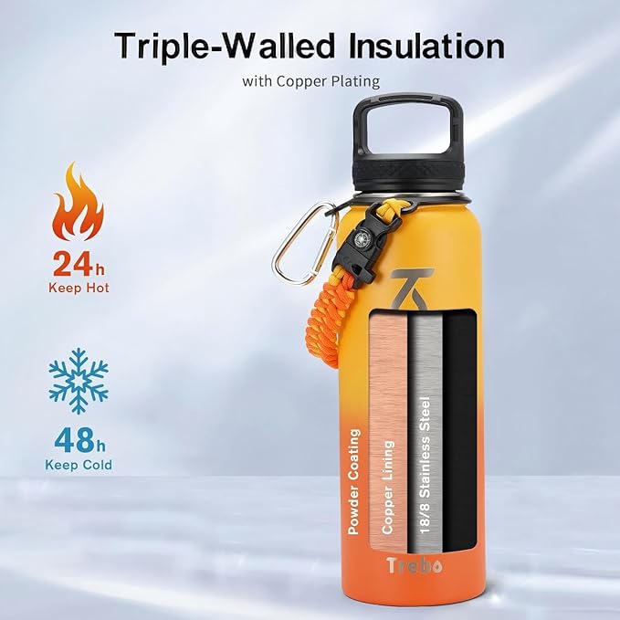 Trebo 40oz Water Bottle with 3 Lid and handle, Vacuum Insulated Stainless Steel Metal Outdoor Leakproof BPA-Free Flask, Keep Cold 48 Hours Water Jug, Best Gift for Men Women Holiday, Orange
