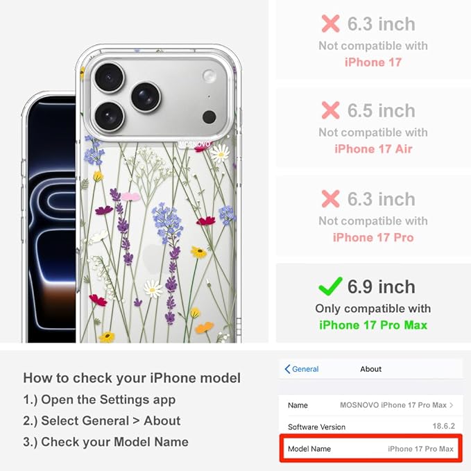 MOSNOVO for iPhone 17 Pro Max Case | Military Grade 6.6ft Drop Tested | Camera Control | Clear with Floral Garden Design