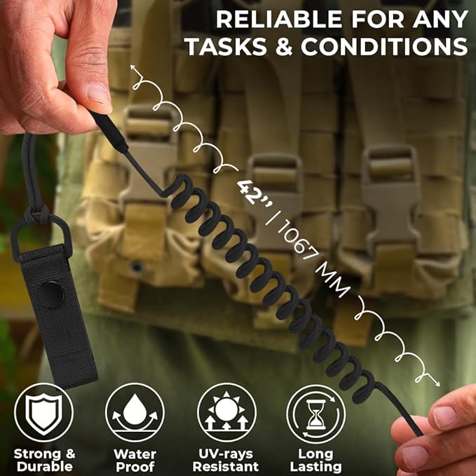 TECEUM Tactical Pistol Lanyard – 3+ Colors – Equipment Accessories for Military, Police, Security & Personal Use – Spring Safety Strap with D-Ring Keeper – Anti-Loss Elastic Coil for Belt or MOLLE