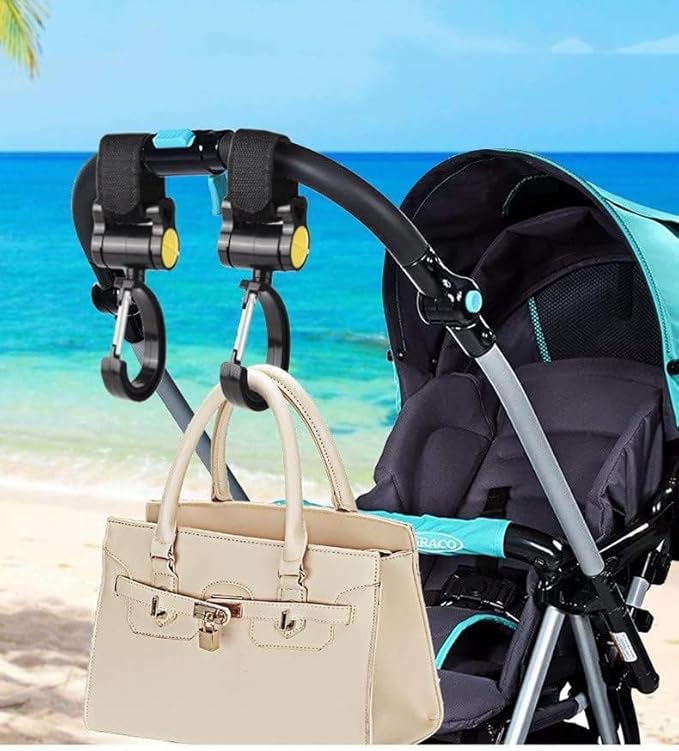 2 Pcs Walker Hook Hanging Multipurpose 360° Rotation Stroller Clip Diaper Bag Hanger for Walker Rollator Crutches Wheelchair Shopping Cart Car Back Seat Purses Bike Wheelchair Pushchair (Closing)