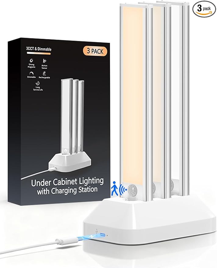 Under Cabinet Lighting with Charging Station, 2000mAh Rechargeable Motion Sensor Light Indoor, 3 Color Tempers Dimmable Closet Lights Wireless, Magnetic Under Cabinet Lights for Kitchen, 3-Pack