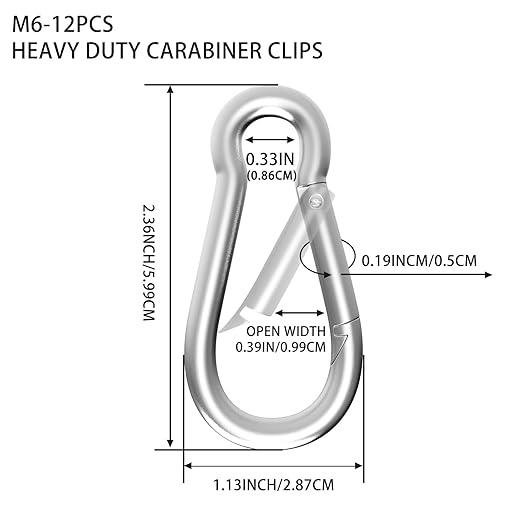 Carabiner, Heavy Duty Galvanized Steel Spring Snap Hook Carabiner Clips with 260LBS Holding Capacity, Ideal for Outdoor, Hammock, Swing and Travel (M6 2.4Inch, 12PCS)