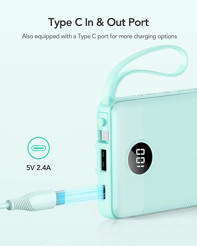 VRURC Portable Charger for iPhone, Compact Travel Power Bank 10000mAh, USB C Battery Pack 4 Outputs 3 Inputs, Slim Phone Charger with Cables for iPhone 17 16 15 14 13,Samsung Galaxy-Green(1 Pack)