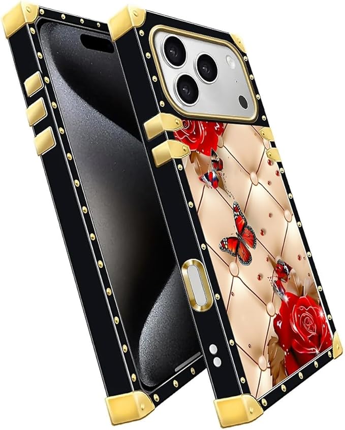 for iPhone 17 Pro Case Luxury Golden Decoration for Girl Women Soft TPU Shockproof Protective Hard PC Back for iPhone 17 Pro Crazy Pattern Shining Red Rose Butterfly Leather Background