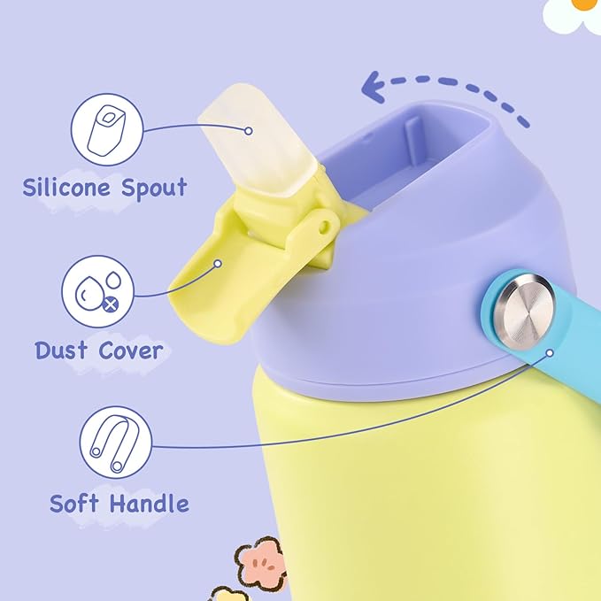 Kerilyn 12oz Kids Water Bottle, Stainless Steel Insulated Water Bottle for Kids, Toddler Cup with Straws Leak-Proof, Toddler Water Bottles for School Boys Girls, BPA Free, Cream
