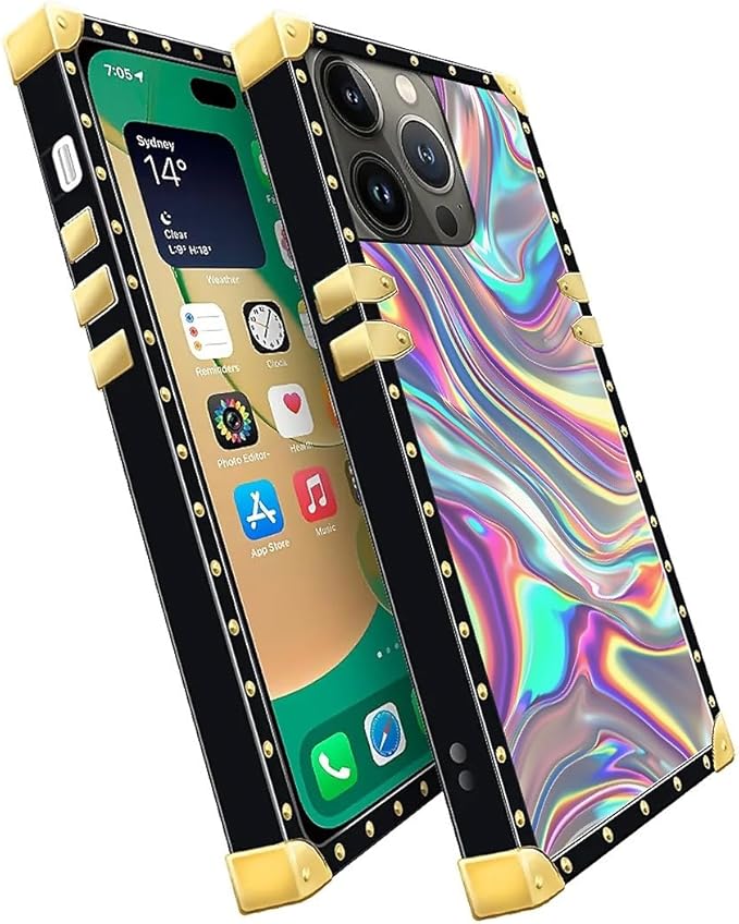 Compatible with iPhone 14 Pro Case, Holographic Abstract Iridescent Textures Luxury Golden Decoration for Girl Women Soft TPU Shockproof Protective Hard PC Back for iPhone 14 Pro