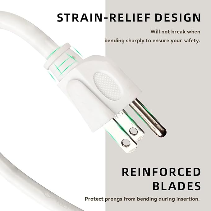 15ft Outdoor Extension Cord - 16/3 Heavy Duty SJTW Waterproof White Electrical Cable with 3 Prong Grounded Plug for Safety, Great for Lawn and Major Appliances