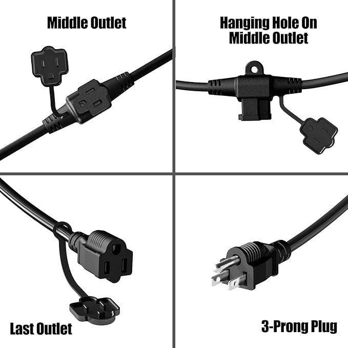 Eversimpleinc Black Outdoor Extension Cord with Multiple Outlets, (50FT 6 Outlets) Evenly Spaced with Weatherproof Cover, Ideal for Christmas Decoration Patio, 16AWG/3C SJTW, ETL Listed