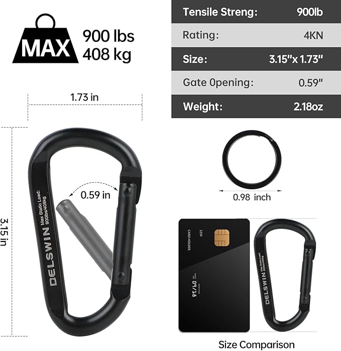 DELSWIN Heavy Duty Carabiner Clip 900lbs, 3 Inch Steel Carabiners for Keychain, Camping, Hiking, Backpack, Dog Leash, Hammock, Gym - D-Shaped Spring Hook Black