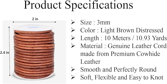 GENIQUE Real/Genuine Round Leather String Cord for Necklace, Bracelets, Jewelry, Kumihimo Braiding, DIY Projects (10 Metres) (3mm, Light Brown Distressed)