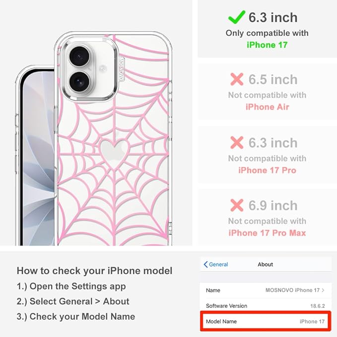 MOSNOVO for iPhone 17 Case, Shockproof Military-Grade Protection 6.6ft Drop Tested, Camera Control, Clear Phone Case for iPhone 17, Pink Spiderweb Design