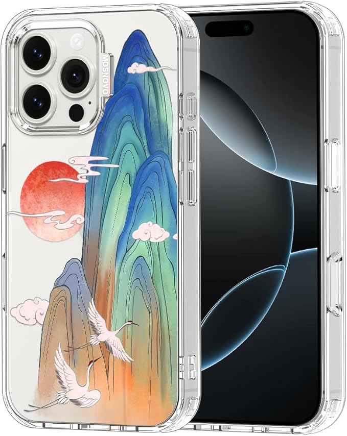 MOSNOVO for iPhone 16 Pro Max Case, Shockproof Military-Grade Protection 6.6ft Drop Tested, Clear Phone Case for iPhone 16 Pro Max, Celestial Cranes Design